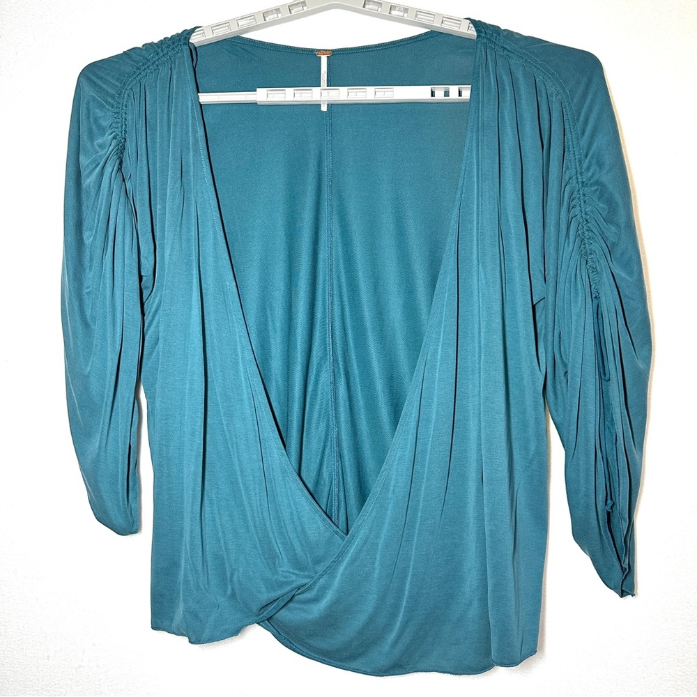 Free People Salt n Peppa Ruched Sleeve Blouse L Jade New With Defect